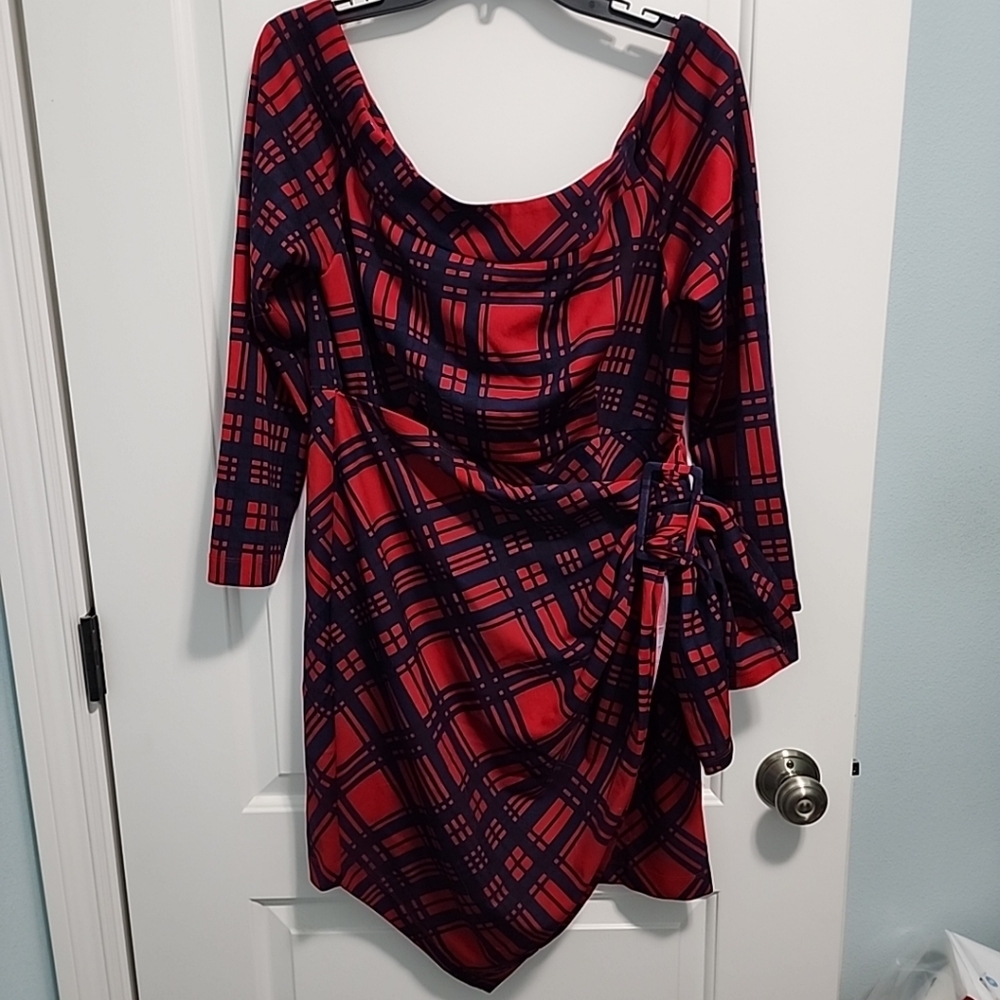 Fashion to Figure Red and Black Wrap Dress with Tie Front